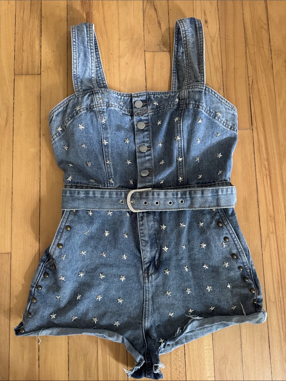 Denim Star-Print Womens Romper Shorts - Blue Size Small
